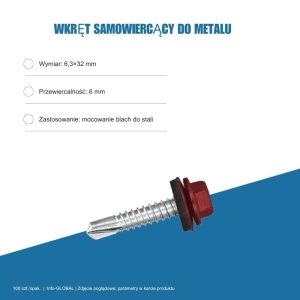 Wkręt samowiercący do metalu 6,3x32 mm, przewiercalność 6 mm, EPDM, 100 szt. – kolor do wyboru